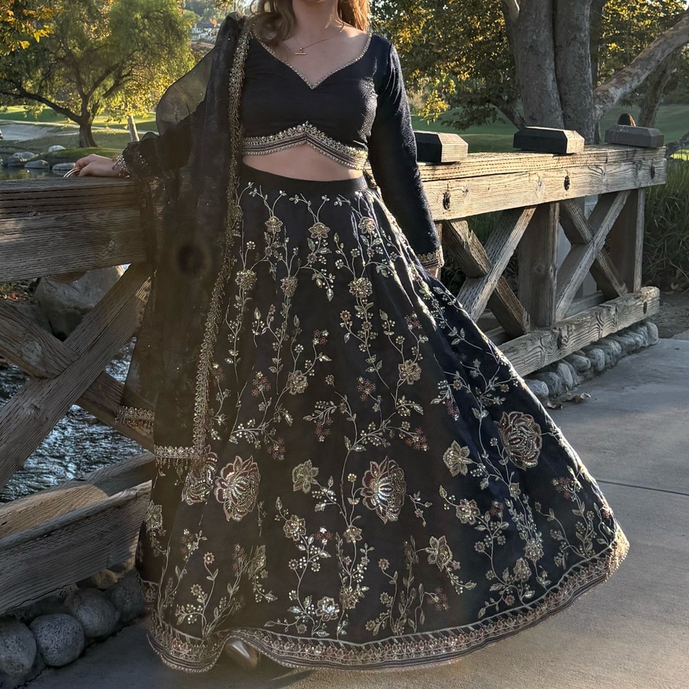 Navy Blue Embroidered Lehenga- custom long sleeves and padding - Indian dress - Picture 7 of 15